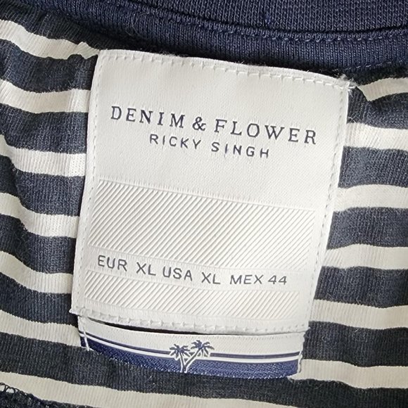 DENIM & FLOWERS Navy Blue Palm Tree Short Sleeve Shirt T-Shirt - Picture 4 of 5